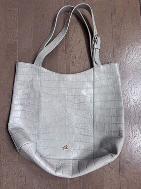 Brahmin Eva Leather Tote Bag in Light Gray with Gold Accent